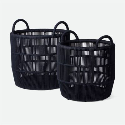 Two modern black rope baskets available for order as a set or individually with a woven fabric resembling boat sails and a
