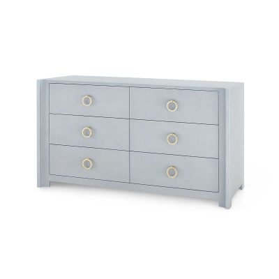 A large blue dresser with six drawers, each featuring a gold handle, set against a white background.