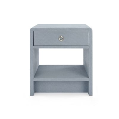 Blue Bronte lacquered linen nightstand with one drawer and a pull handle on top, against a white background.