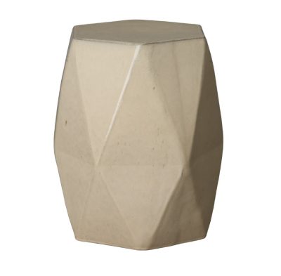 Unique, hand glazed ceramic stool with a geometric pattern and varying shades of brown.