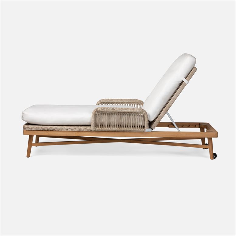 Teak and wicker chaise lounge with white cushion, outdoor furniture