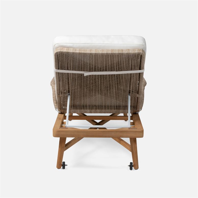 The image showcases a comfortable outdoor chaise lounge crafted from natural twisted faux wicker and teak frame It s designed with an