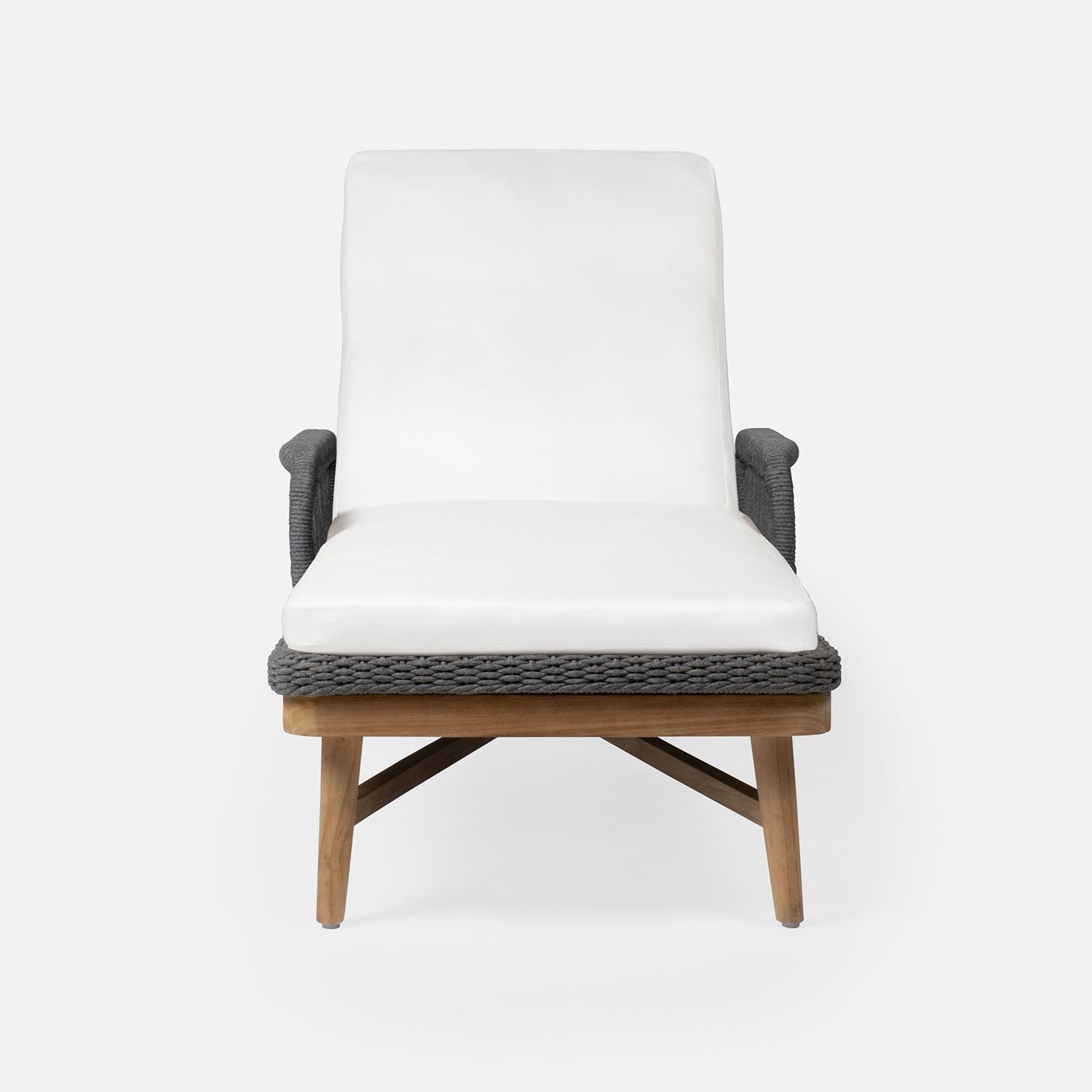 Teak and wicker chaise lounge with white fabric, available in various outdoor fabrics.