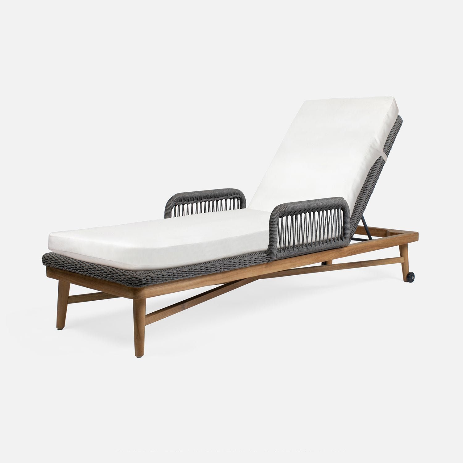 Teak outdoor chaise lounge in natural twisted wicker with slate rope cushion.