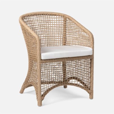 An outdoor wicker armchair with a cushioned seat featuring a natural twisted pattern and a curved frame design It is available in