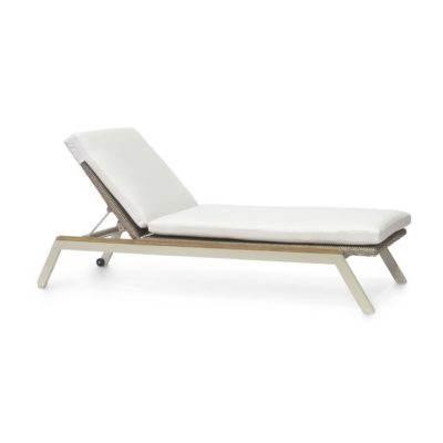 Arona Outdoor Chaise Lounge, sleek design with white cushion, powder coated metal frame, teak trim.