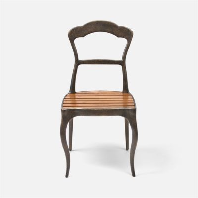 Outdoor French style dining chair with slatted teak seat and rustic bronze metal finish showcasing its elegant design in a clear focused