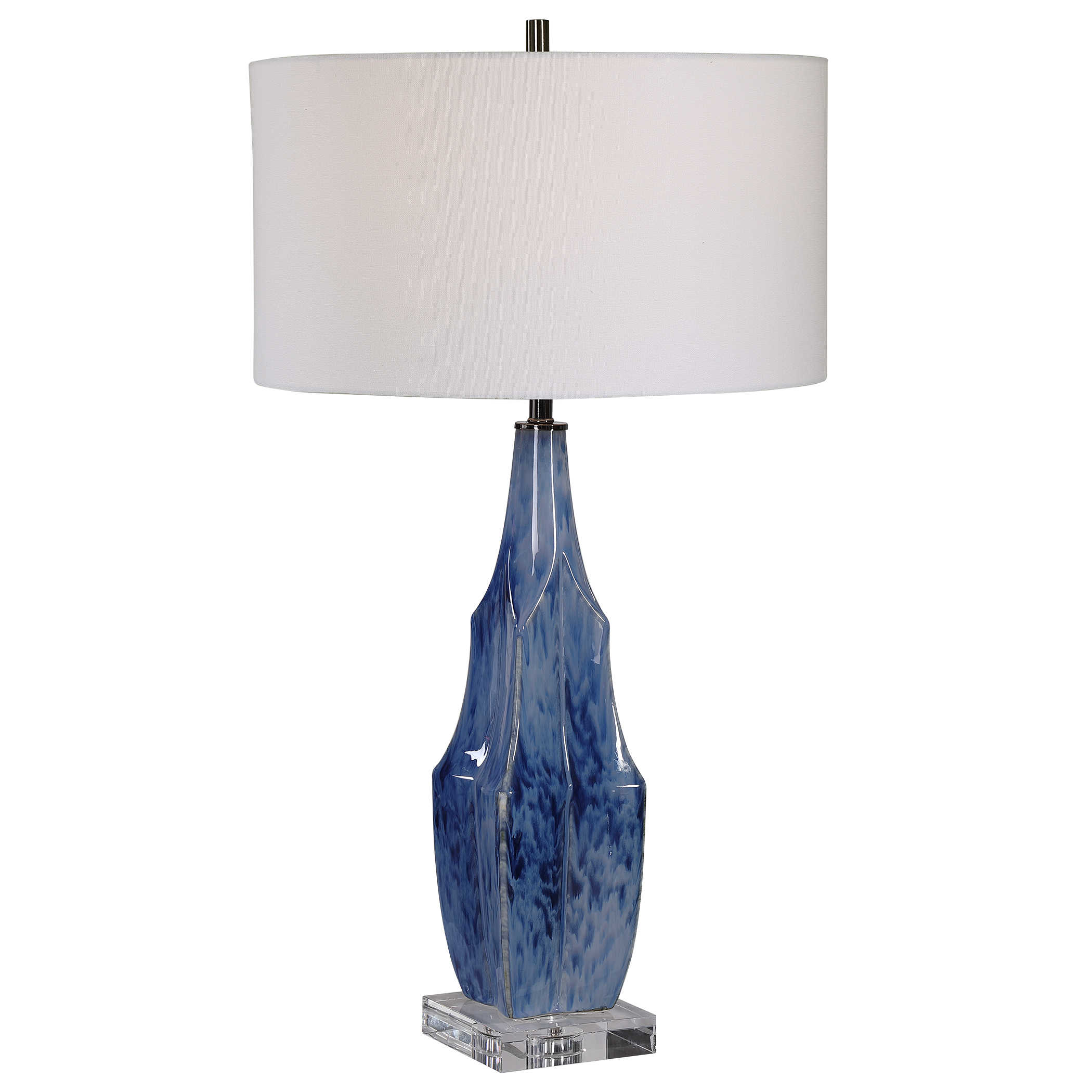 Ever Indigo Blue Table Lamp with a crystal base and nickel hardware, showcasing its unique design and color.
