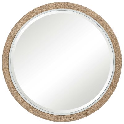 This image features a round mirror with a woven banana leaf frame encased in white matte and set within a beveled glass