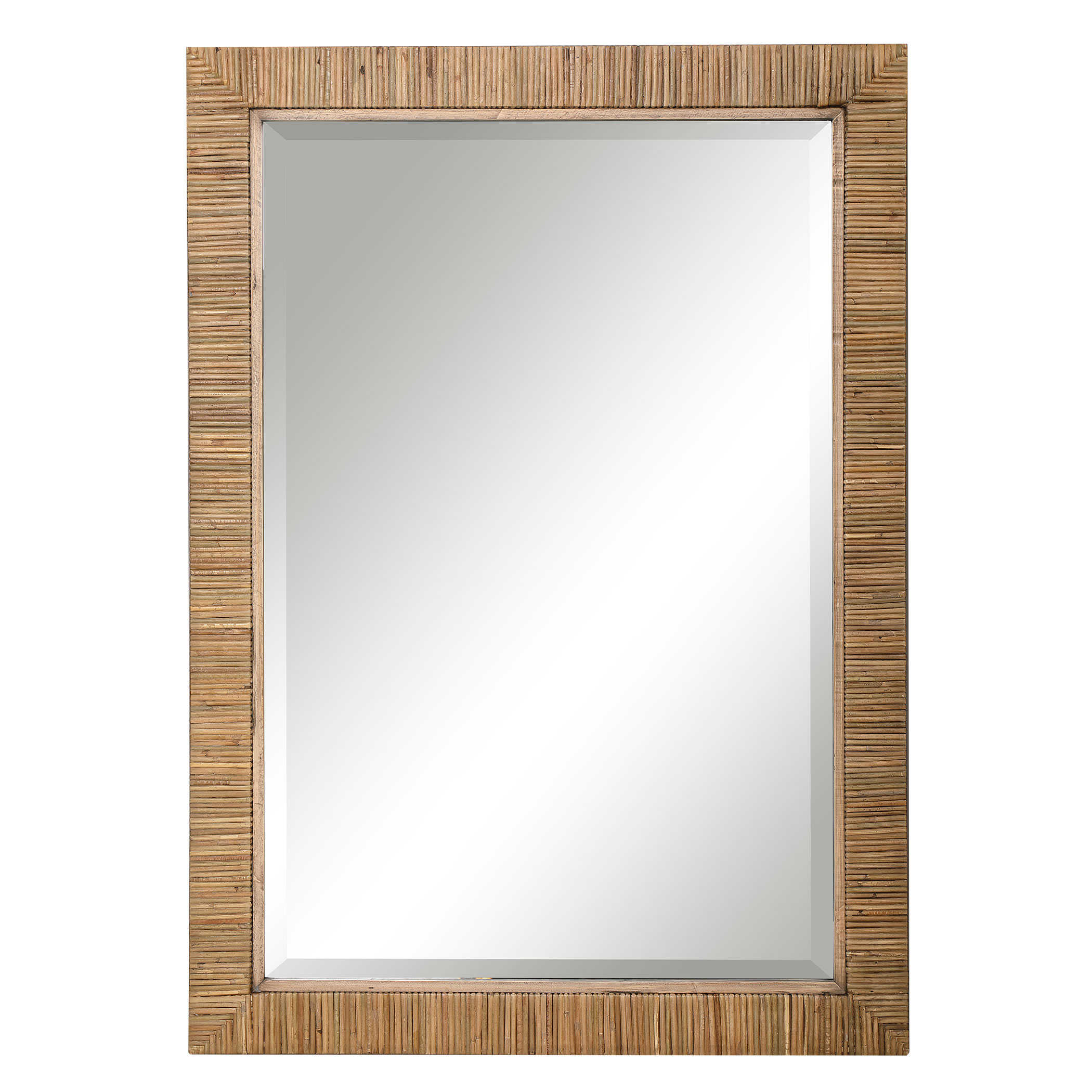 Bamboo-wrapped rectangular mirror with beveled edge, suitable for both horizontal and vertical mounting.