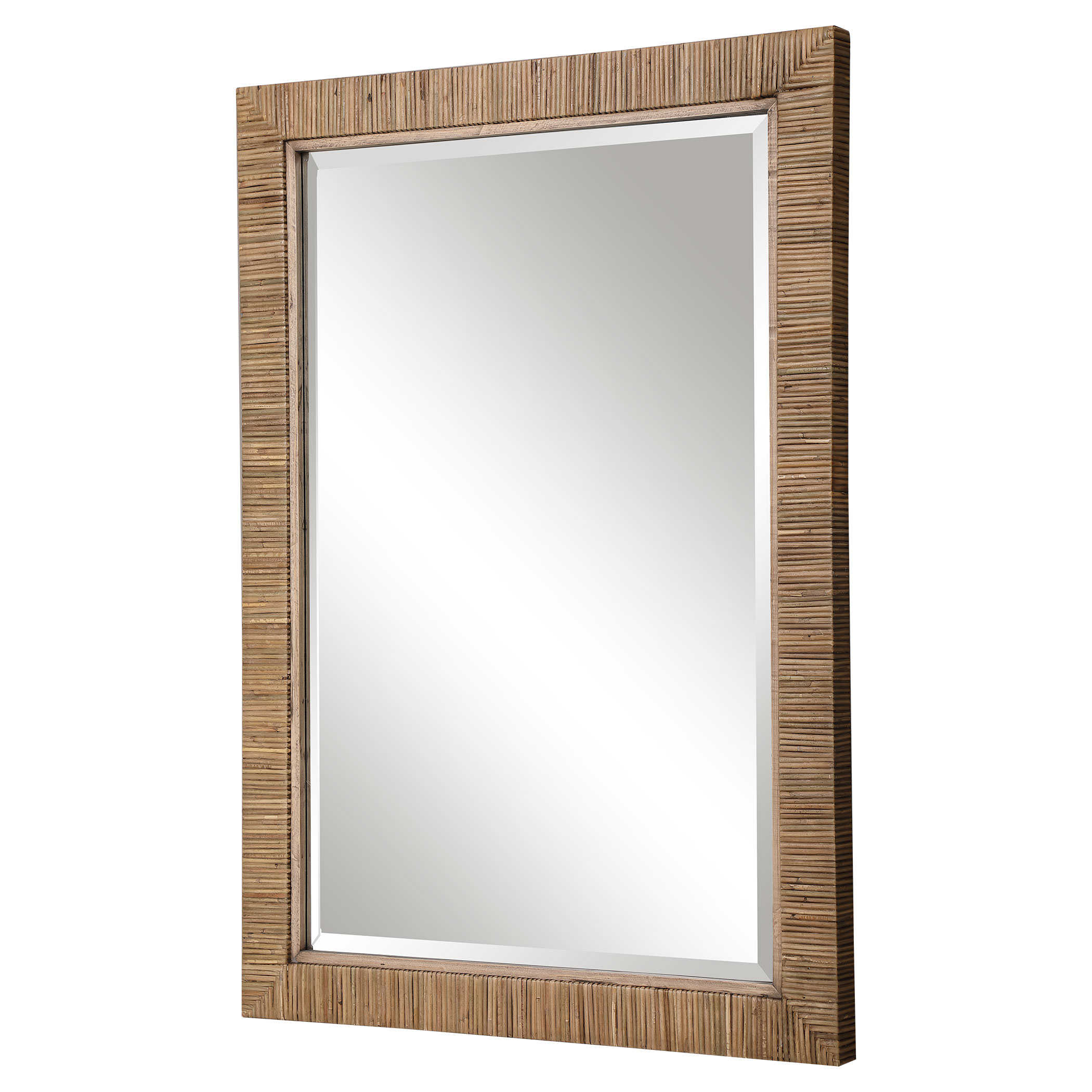 The image displays a rectangular mirror with a natural rattan frame It has a beveled edge design and is depicted in a