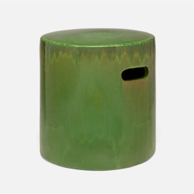 Green ceramic garden stool with a bold glaze and handles on each side available in various colors including dark olive anthracite gray