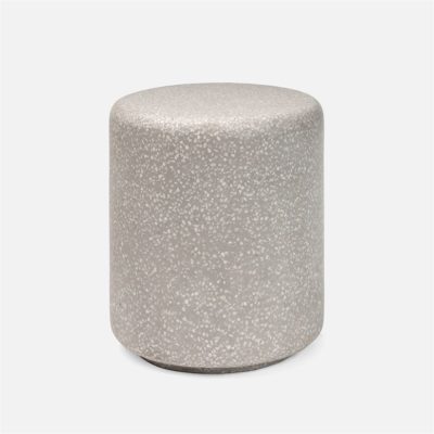 Gray terrazzo outdoor stool with a speckled pattern, presented in a side view against a white background.