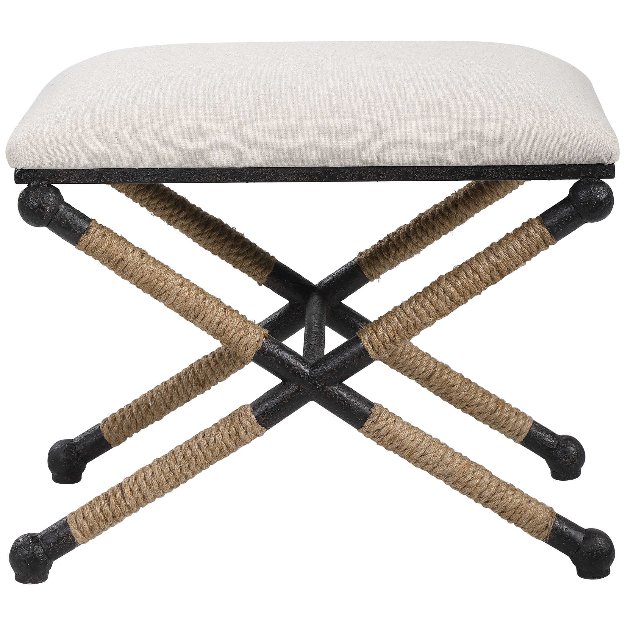 Two Backman Oatmeal X Rope Stools with a rustic iron frame, upholstered in neutral cotton fabric.