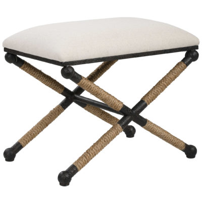 The image showcases a Backman Oatmeal X Rope Stool which is a unique piece of furniture with its rustic iron frame and