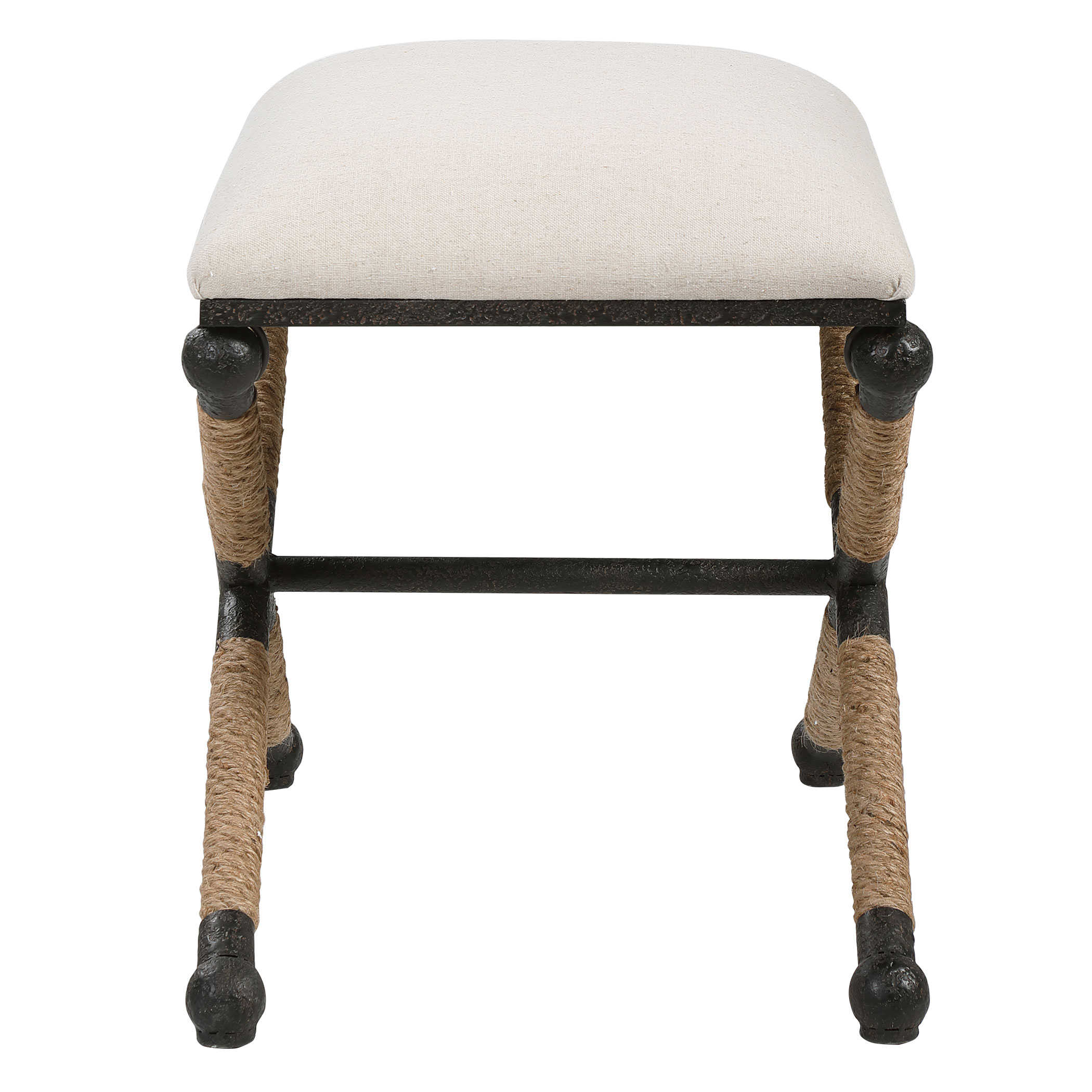 Backman Oatmeal X Rope Stool with rustic iron frame, small stool, neutral color