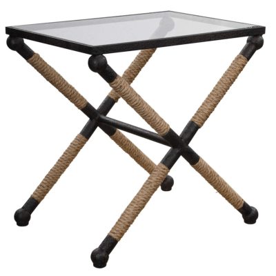 A sturdy side table with a glass top and a rustic rope design, offering an attractive blend of modern and traditional aesthetics.