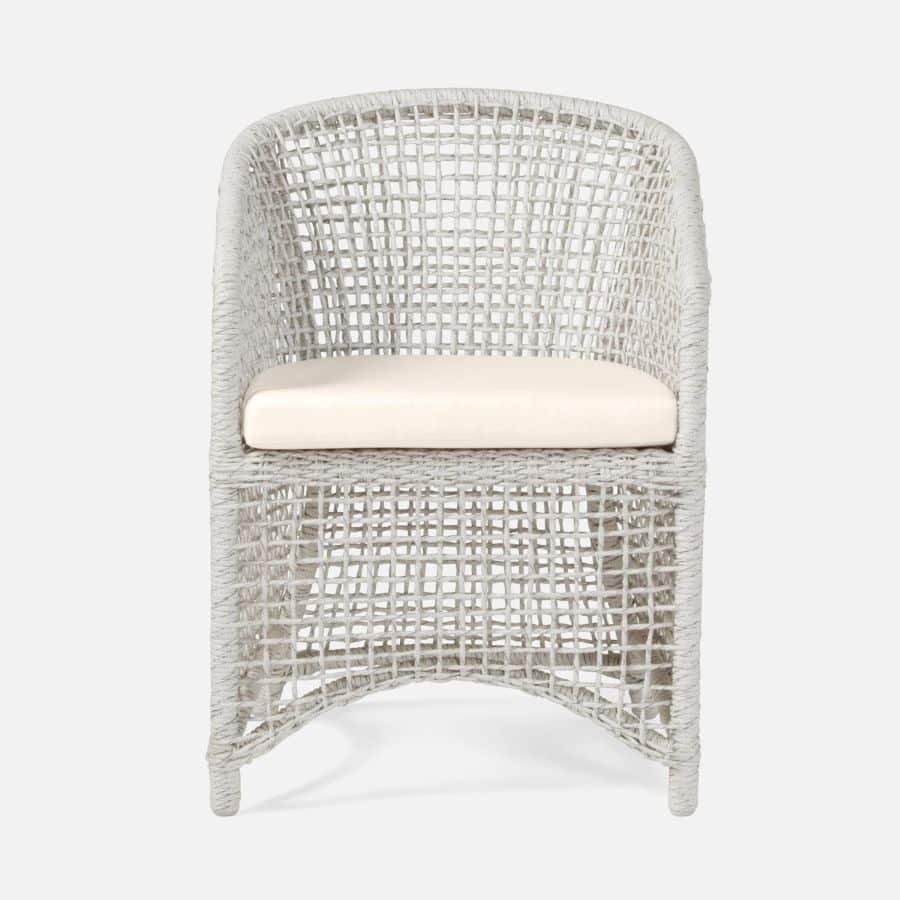 Outdoor Natural Twisted Faux Wicker Arm Chair in Speckled White Finish Curved Frame Additional Fabric Available Pricing Varies Also Available in Similar
