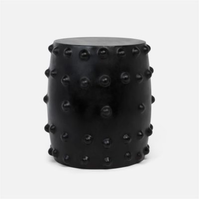 A black, modern outdoor hobnail concrete stool with a rough, spiky texture.