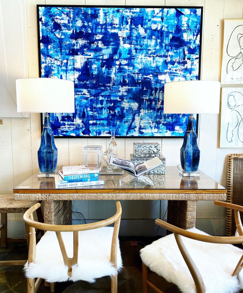 Indigo blue table lamp on crystal base with nickel hardware.