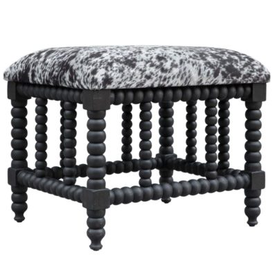 Black and white faux cowhide spool bench with matte black finish