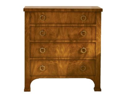 A wooden chest with four drawers featuring a Biedermeier style design and finished in walnut wood It has solid brass hardware adding