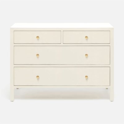 Large, modern white dresser with gold handles and top shelf, showcasing a minimalist design.