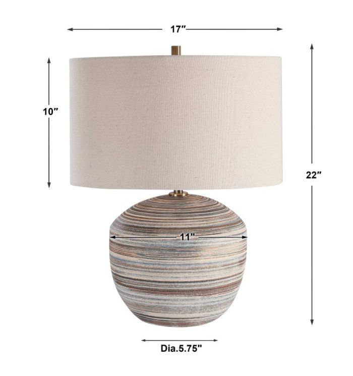 Ceramic table lamp with striped finish in brown, blue, cream and taupe linen drum shade with natural slubbing and brass hardware