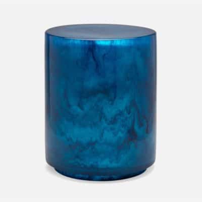 Blue outdoor stool with marbled pattern, suitable for garden or patio use.
