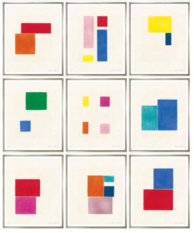 Colorful abstract art prints in a white frame, grouped in a grid displaying nine distinct designs