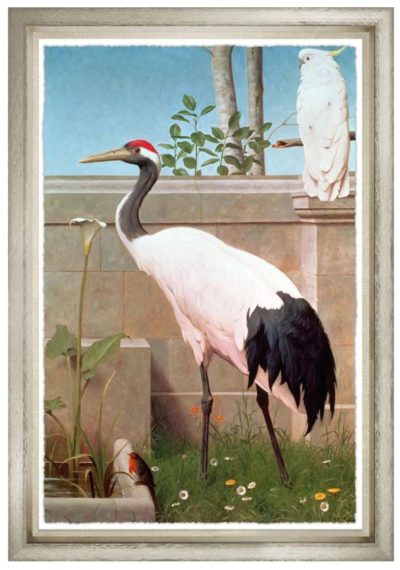 In the image a captivating reproduction print of a Manchurian Crane is displayed in a sleek silver frame with a linen slip