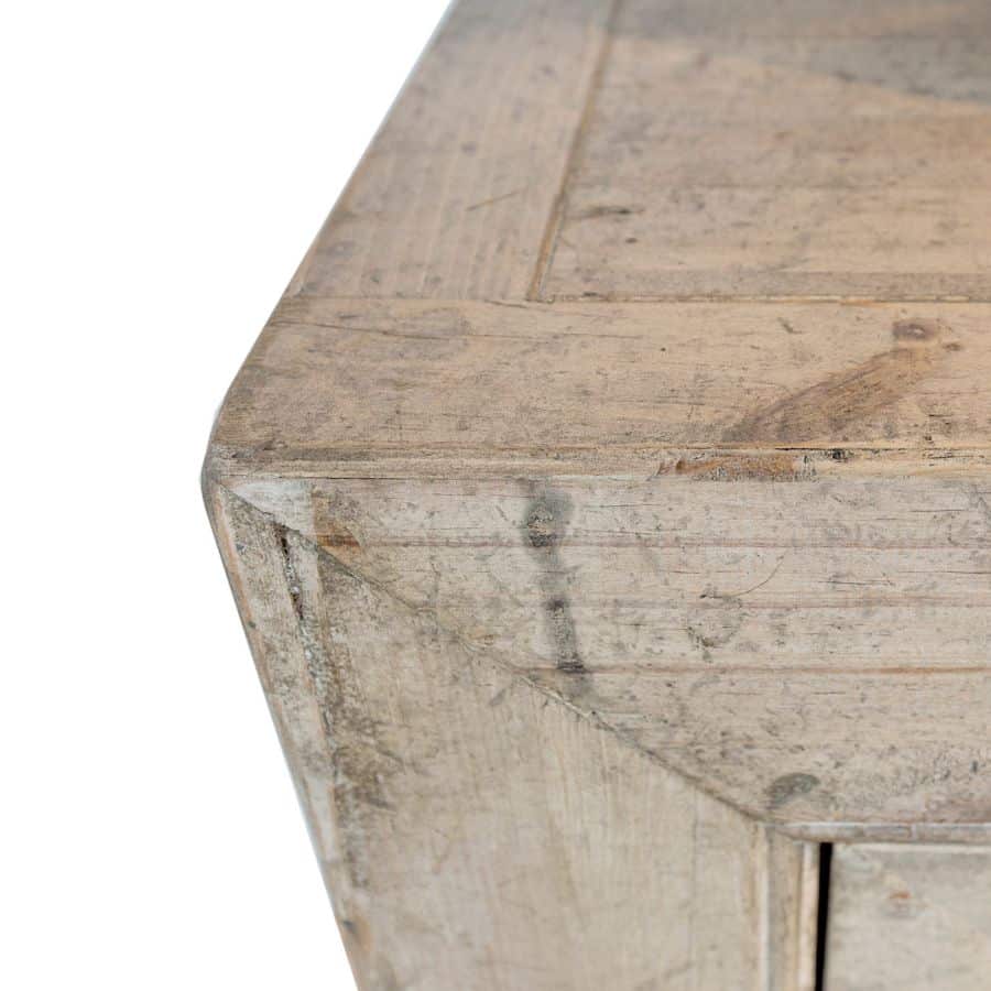 Two door rustic pine buffet with weathered finish and visible reclaimed wood grain.