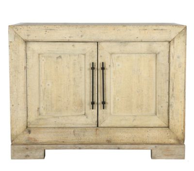 Wooden buffet with two doors and a cabinet in between, featuring a rustic design made from reclaimed pine wood.