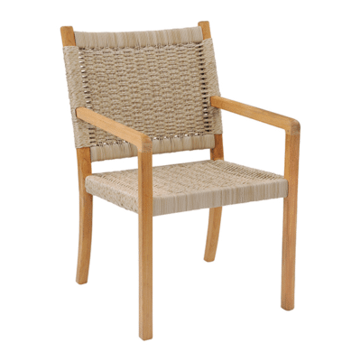 The image displays an outdoor Hudson Dining Arm Chair with a teak frame and a cord wicker seat presented in a natural