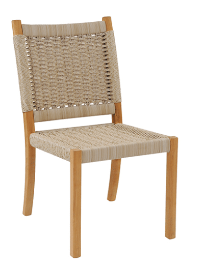 Outdoor Hudson Dining Side Chair with Teak Frame and Natural Cord Finish showcasing its wicker seat and backrest design perfect for outdoor