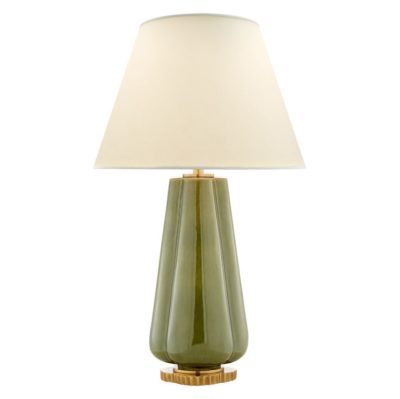 Modern scalloped porcelain table lamp with a linen shade, available in white, berry, green or denim with brass accents.