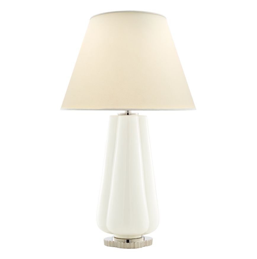 Modern table lamp with a scalloped base and white lampshade.