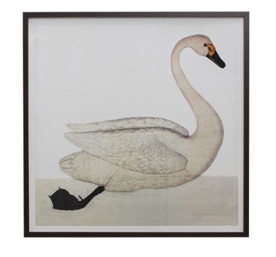 Framed artwork depicting a swan in profile with one leg extended upwards and a small black bird perched on its back The