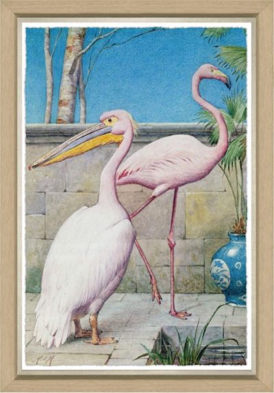 A framed print featuring two birds a pelican and a flamingo standing side by side in front of a potted plant with