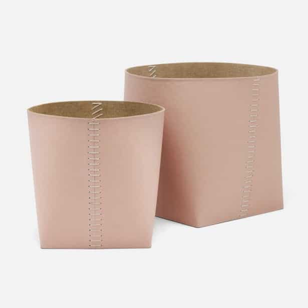 Set of Leather Baskets with Stitched Detail