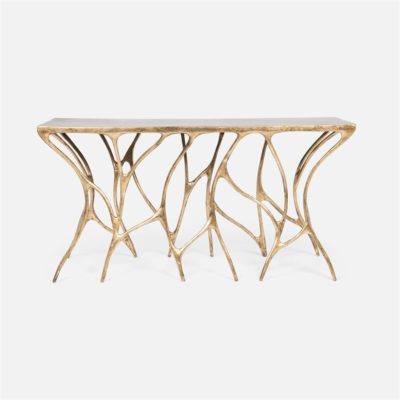 Gold branch console table with intricate ironwork and a smooth resin surface.