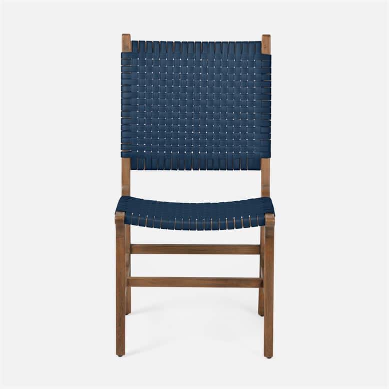 Outdoor Hammond side chair with navy faux rattan and aged natural teak finish, showcasing a close-up view of its design and materials.