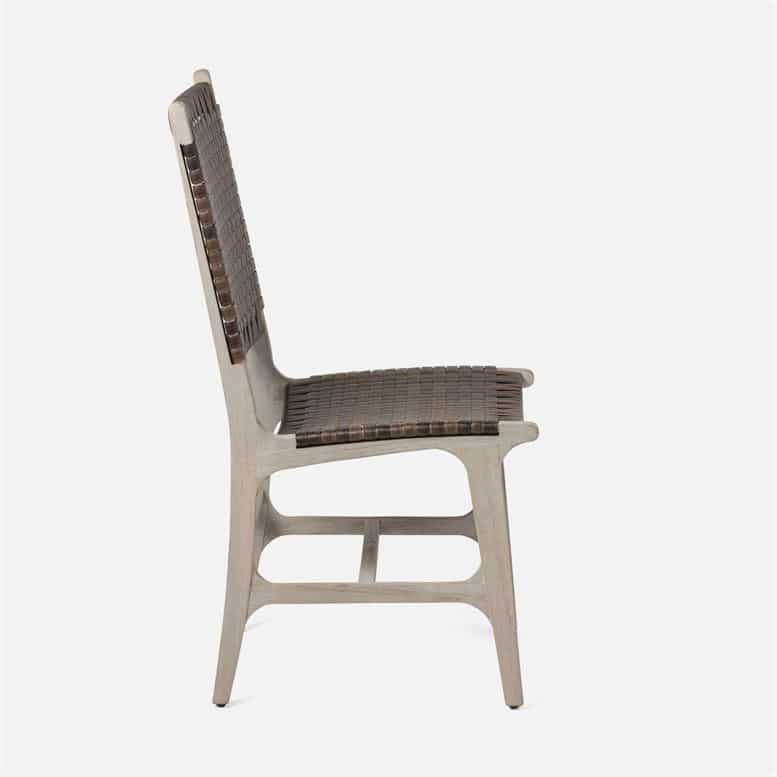 Outdoor Hammond Side Chair, faux rattan in flat white or walnut with grey teak, side view.