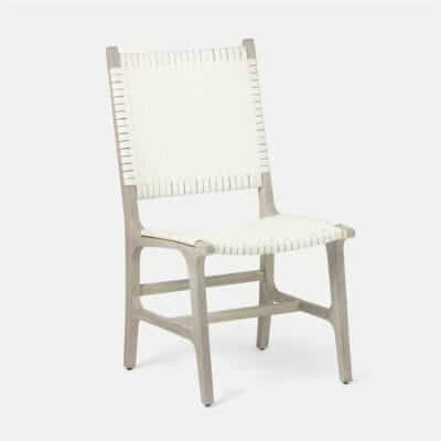 Single outdoor side chair in white faux rattan, showing front and top view with armrests.