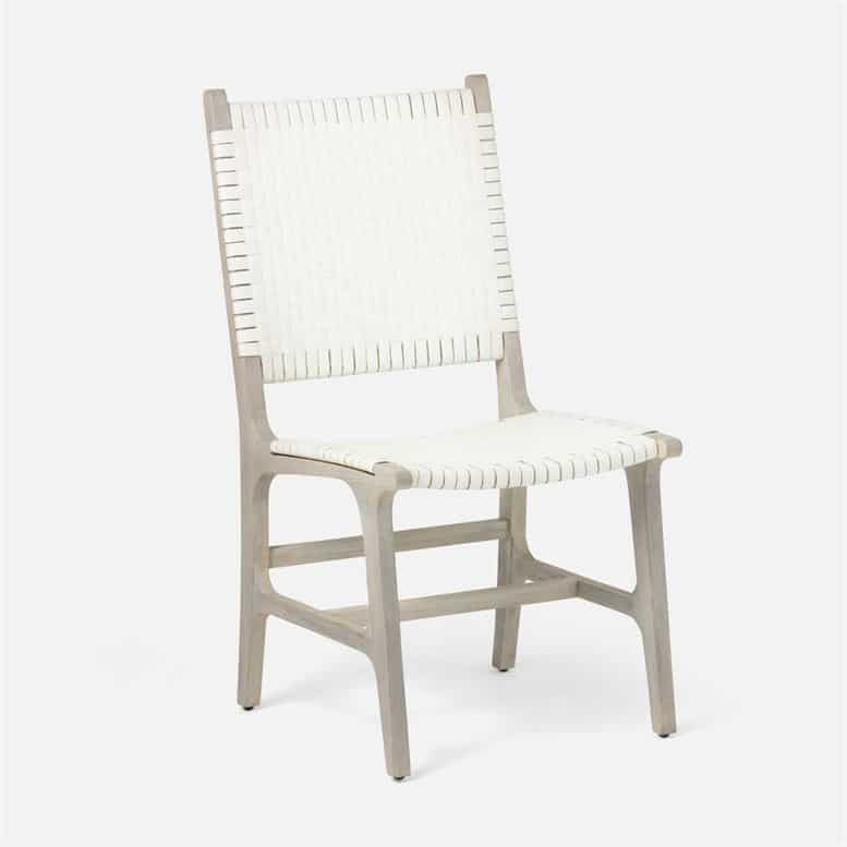 Single outdoor side chair in white faux rattan, showing front and top view with armrests.