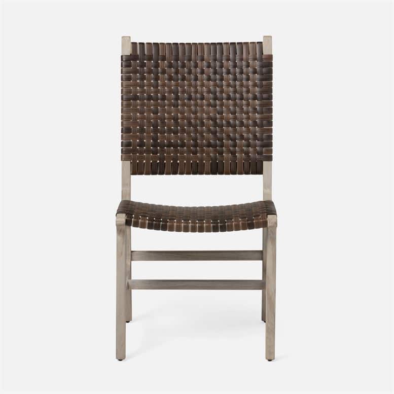 The Hammond Side Chair in faux rattan and teak finish, perfect for outdoor dining.