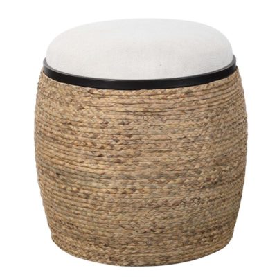 Round woven straw stool with a matte black metal base and an upholstered light beige cushioned seat.