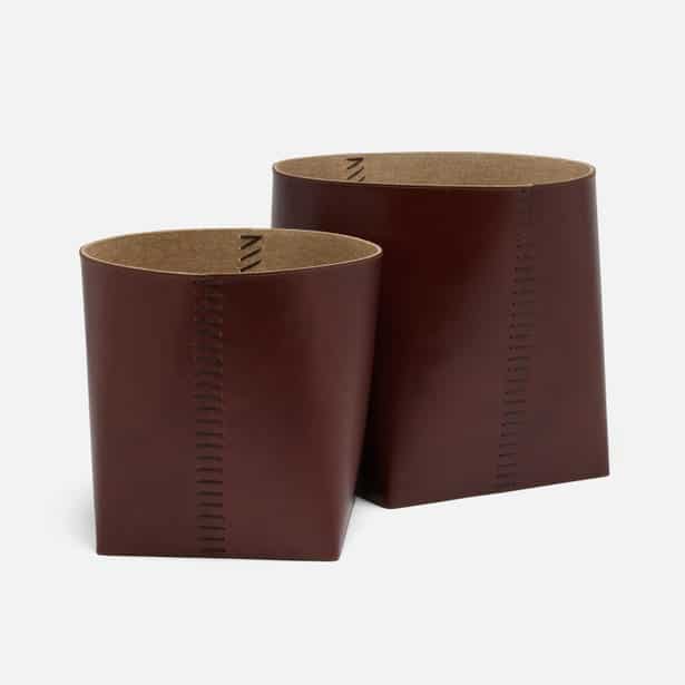 Set of Leather Baskets with Stitched Detail
