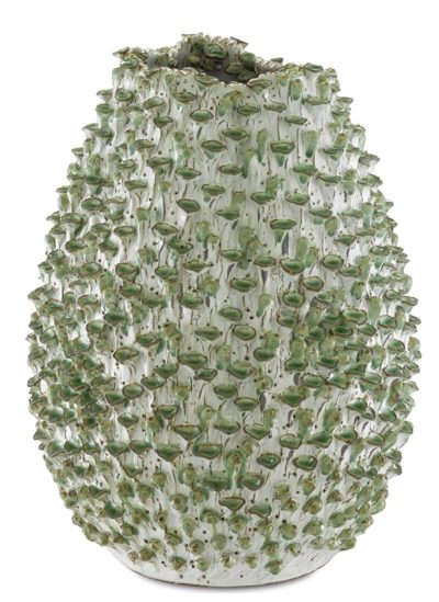 A white and green hand glazed ceramic vase with a rough, uneven texture, resembling a pinecone, positioned against a white background.