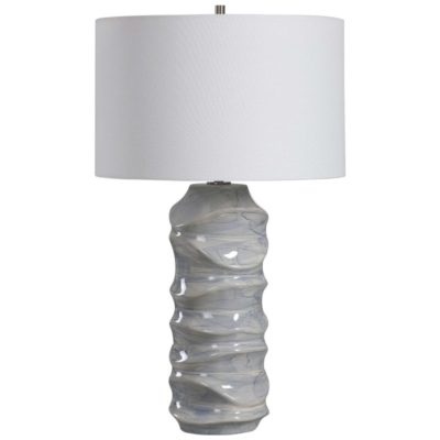Sculpted light blue drip lamp with white hardback drum shade, showcasing its unique design and elegant style.
